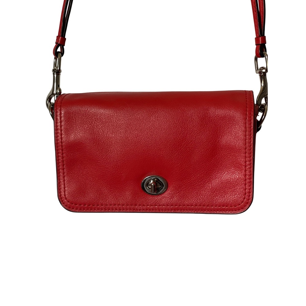 Coach Penny Coral Red Leather Crossbody Bag Turnlock - Picture 4 of 10